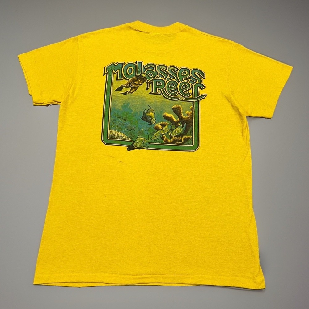 Vintage 70s 80s Mens Yellow John Pennekamp Molasses Reef Graphic T-Shirt L